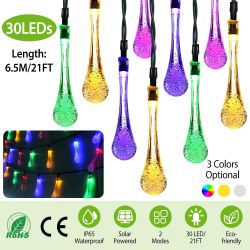 Outdoor Solar String Lights 21 Feet 30 LEDs Water Drop Solar Powered Lights - Color