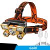 5 LED USB Rechargeable Headlamp; Portable Built-in 18650 Battery Head FlashLight; Waterproof For Expedition Outdoor Camping Fishing - Golden