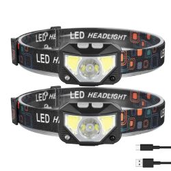 2Packs Rechargeable Motion Sensor Headlamp 6 Light Modes Headlight Torch Flashlight for Fishing Running Camping Hiking - Black