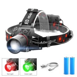 T6 white light green light red light zoom headlight - Red - 2battery