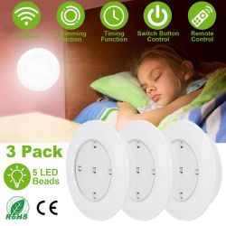 3Pcs LED Night Light Cordless Battery-Powered Closet Lamp Dimmable w/ Remote Stick-on - White