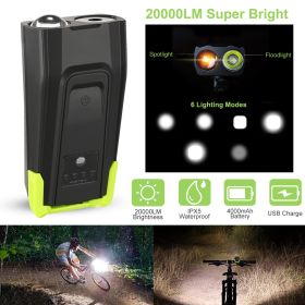 20000LM Bike Front Lights Set Bicycle Headlights w/120dB Loud Horn IPX5 Water-Resistant 4000mAh - Black