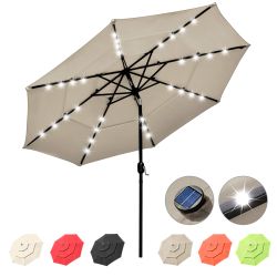 11Ft 3-Tiers 40LEDS Patio Umbrella Khaki, Vented Patio Umbrella Market Table Umbrella with Lights and Crank Handle with Auto-tilt Mechanism - LA01