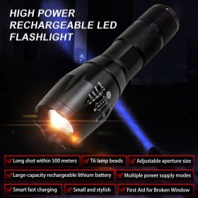 Cross Border T6 Strong Light Flashlight LED Aluminum Alloy Telescopic Zoom USB Charging Outdoor Searchlight Remote Flashlight - black