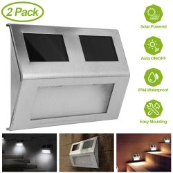 2 Pack Solar Light 2 LEDs Wall Lamp Stair Step Outdoor Waterproof Security Light with Auto On/Off  - Silver